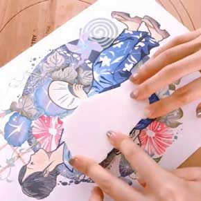 田口奈津子 消しゴムはんこ 浴衣 朝顔 34版 グラデーション 制作過程