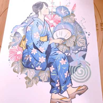 田口奈津子 消しゴムはんこ 浴衣 朝顔 34版 グラデーション 制作過程