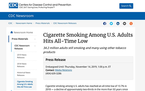たばこ喫煙者の割合が過去最低を記録　アメリカ疾病予防管理センターが発表