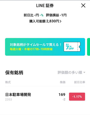 LINE証券の保有株一覧画面