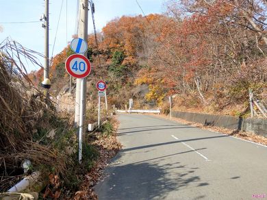 「最大幅2.0m」の規制標識に「路肩弱し」「ここから300m」の補助標識がついています