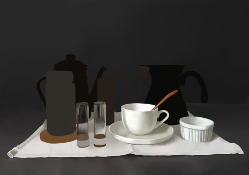 クロスや白い食器が絵がかれる