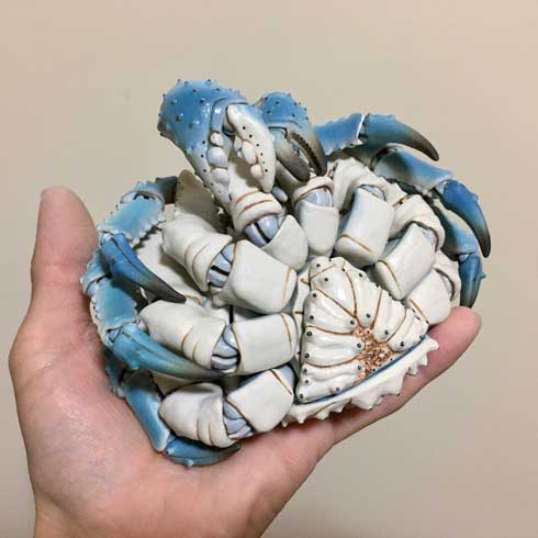 陶器 青い タラバガニ カニ 動く 脚 岡村悠紀 陶芸家