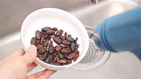 ブロワでカカオ豆の薄皮を飛ばす