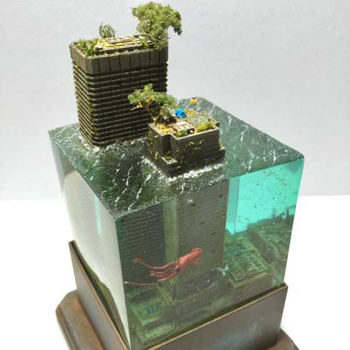 水没ジオラマ 建物 レジン 海 作品 MASAKI