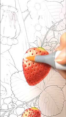 手書きコピックイラスト/いちご色に染められて コピックイラスト額入り原画/いちご色に染められて