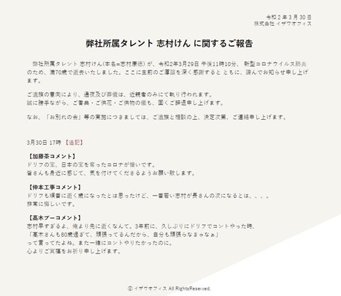 志村けん 追悼 哀悼 芸能人 死去 逝去