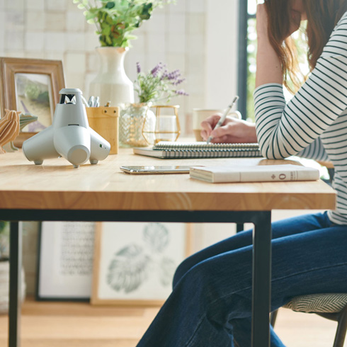 ダイニングテーブルに置かれた「TETRAPOD SPEAKER」