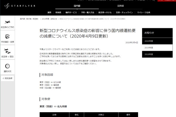 新型コロナ 航空会社 対応