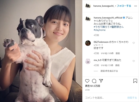 川口春奈 新型コロナウイルス インスタ 外出自粛 愛犬 散歩 うちで踊ろう 星野源