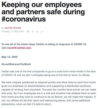 Twitterが在宅勤務を永遠に可能にすると発表