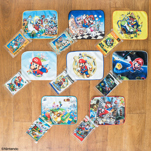 マリオ　タオルコレクション全種を広げたところ