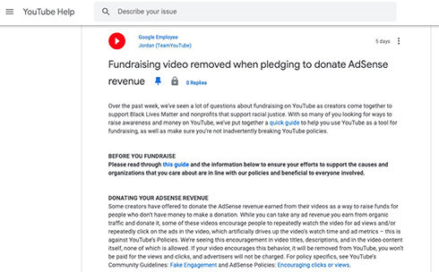 YouTubeが寄付のガイドラインを公開　「動画の広告収入を寄付するので広告をクリックしてほしい」と呼びかけるのはNGとして注意喚起