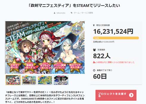 政剣マニフェスティア STEAM クラウドファンディング 目標達成 DMM ゲーム