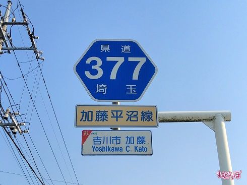 「一般県道」埼玉県道377号の路線番号案内標識（ヘキサ）