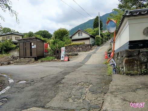 県道は坂を外れて左折です