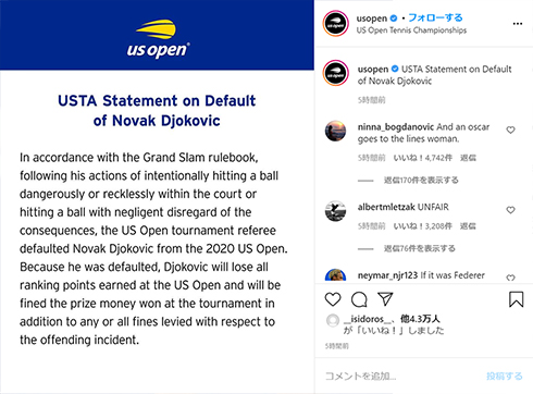 ジョコビッチ 失格 敗退 全米大会 全米オープン US カレーニョ・ブスタ 線審 ボール なぜ