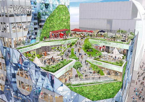 ガラスの反射で人や緑を編み込む外装デザイン　2022年度に表参道・明治通り交差点にゲームに出てきそうな新施設が登場予定