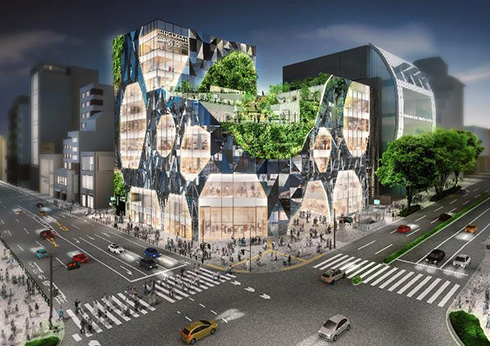 ガラスの反射で人や緑を編み込む外装デザイン　2022年度に表参道・明治通り交差点にゲームに出てきそうな新施設が登場予定