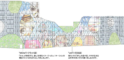ガラスの反射で人や緑を編み込む外装デザイン　2022年度に表参道・明治通り交差点にゲームに出てきそうな新施設が登場予定