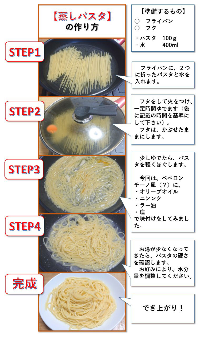 警視庁が少ない水で調理できる「蒸しパスタ」を紹介　フライパンで「パスタがひたる程度」の水があれば作れる