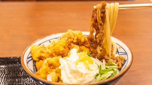 漢気！牛肉タル鶏天ぶっかけうどん