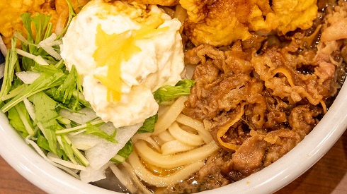 漢気！牛肉タル鶏天ぶっかけうどん