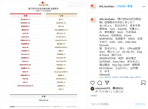 紅白 歌合戦 NHK ゴールデンボンバー 鬼龍院翔 落選 Twitter ツイート AKB48 向井地美音 島津亜矢 出場 King Gnu YOASOBI DISH