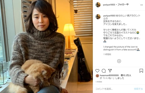 石田ゆり子 インスタ 偽アカ 認証 犬猫用アカウント