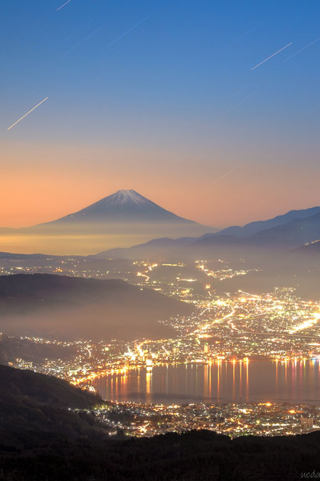 長野県 高ボッチ高原 富士山 諏訪湖 夜景 写真 シャッターポイント
