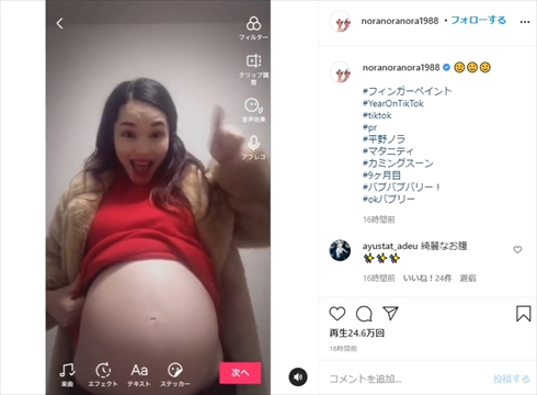 平野ノラ 妊娠 臨月 おなか 妊娠線 バブリー インスタ