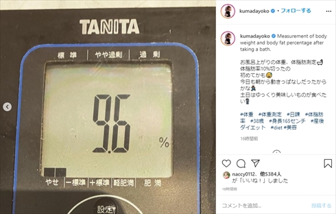 熊田曜子 体重 体脂肪率 1桁 女性 インスタ
