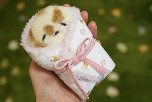 ナンの赤ちゃんを片手に抱いているところ