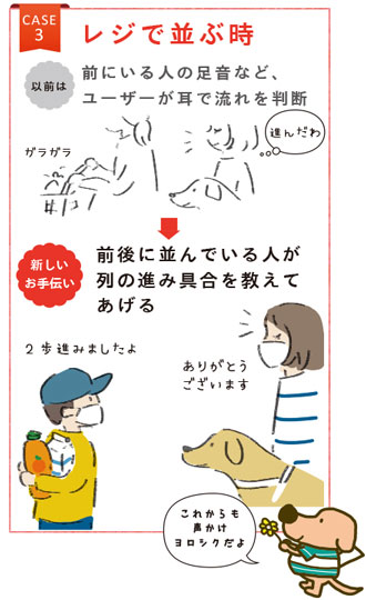 もうどう犬 エルくん コロナ禍 視覚障害 声かけ方法 イラスト 道案内 レジ