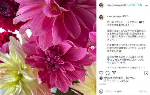 山口もえ 田中裕二 仕事復帰 サンデー・ジャポン サンジャポ 脳梗塞 くも膜下出血 爆笑問題 インスタ