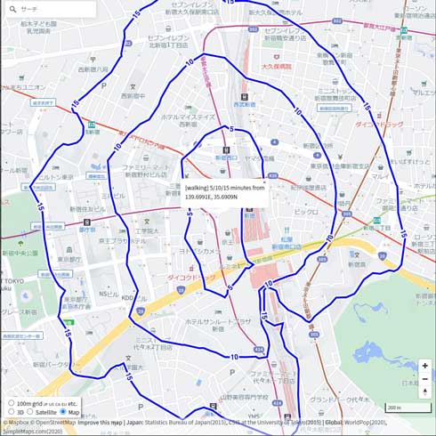 任意の場所から 5分 10分 15分圏 調べる 範囲 地図 開発 Mapbox API
