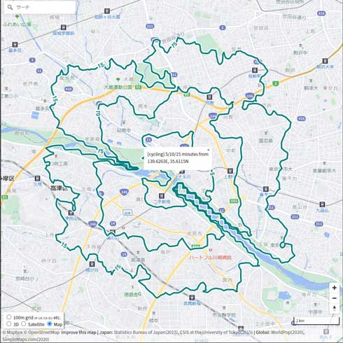 任意の場所から 5分 10分 15分圏 調べる 範囲 地図 開発 Mapbox API
