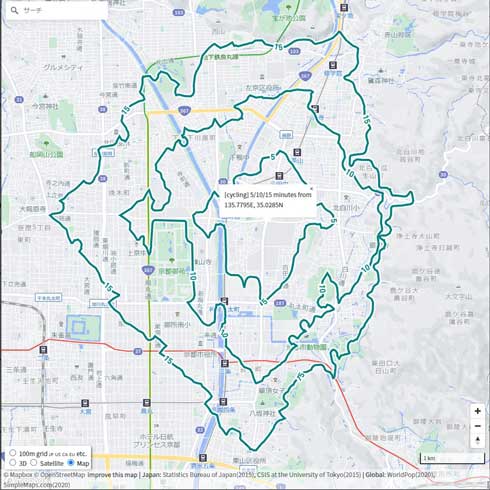 任意の場所から 5分 10分 15分圏 調べる 範囲 地図 開発 Mapbox API