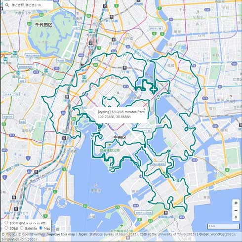 任意の場所から 5分 10分 15分圏 調べる 範囲 地図 開発 Mapbox API