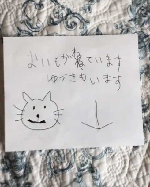 猫 張り紙 おやすみ 寝ている 片付けないで おいも 息子 手描き メモ