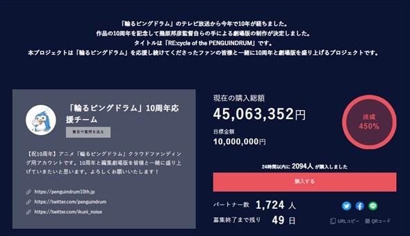 輪るピングドラム」、開始150秒で1000万円のクラウドファン