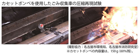 カセットボンベがゴミ収集車で燃える様子