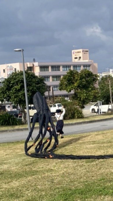 タコ型の凧を揚げる様子の人物アップ