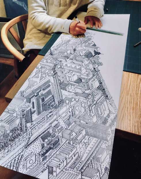 中学1年生 13歳 描いた 絵 制作風景 空想の街