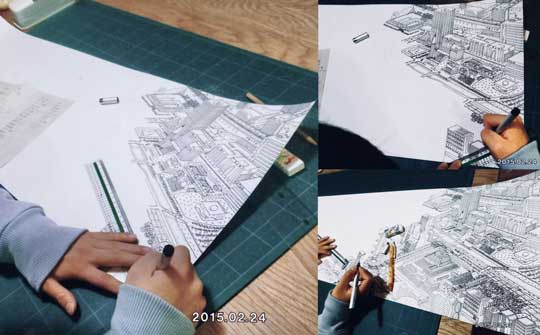 中学1年生 13歳 描いた 絵 制作風景 空想の街