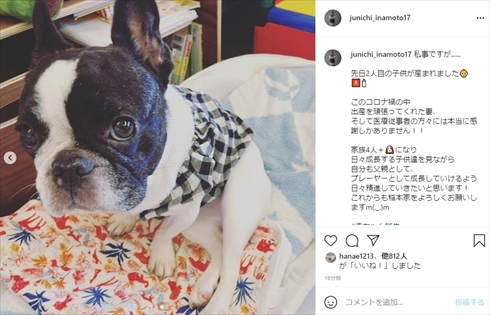 田中美保 稲本潤一 第2子 子ども 出産 インスタ 愛犬