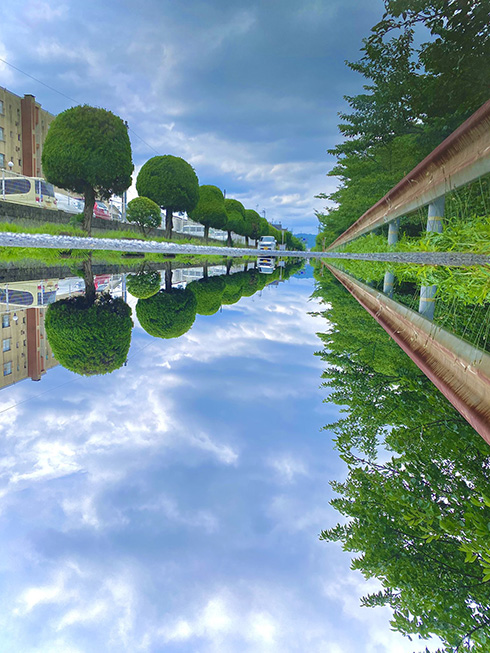 水溜まりに反射する空を記録した写真　水鏡が美しすぎて天と地の見分けがつかない
