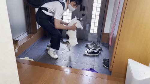 抱き上げられる豆大福さん