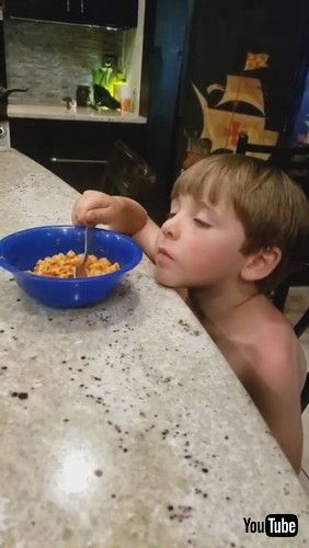 「Kid Struggles to Keep His Eyes Open While Eating as Sleep Takes Over - 1191015-3」