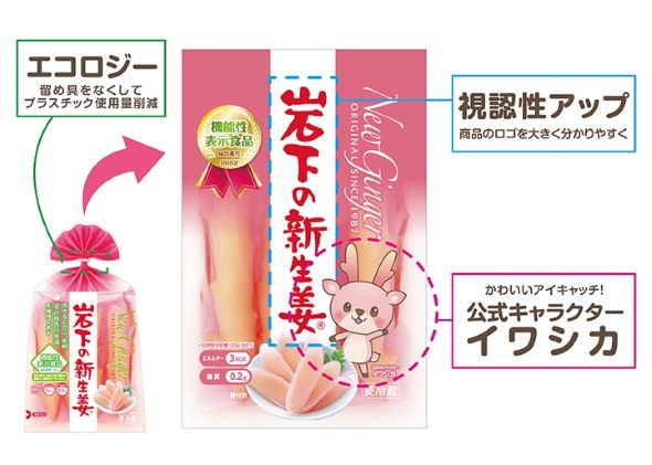 岩下食品 岩下の新生姜 パッケージ デザイン 変更 リニューアル 巾着 平袋 イワシカ